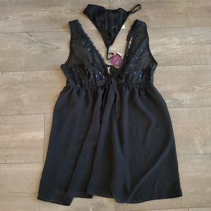 Cacique Intimates Women's Black Sexy Sheer Babydoll Nightie Set Size 14/16